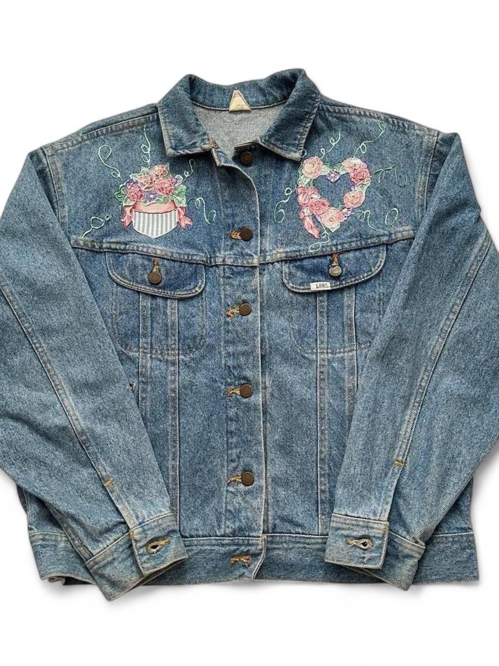 Vintage 1990s custom Floral Painted Denim Jacket - Blue L